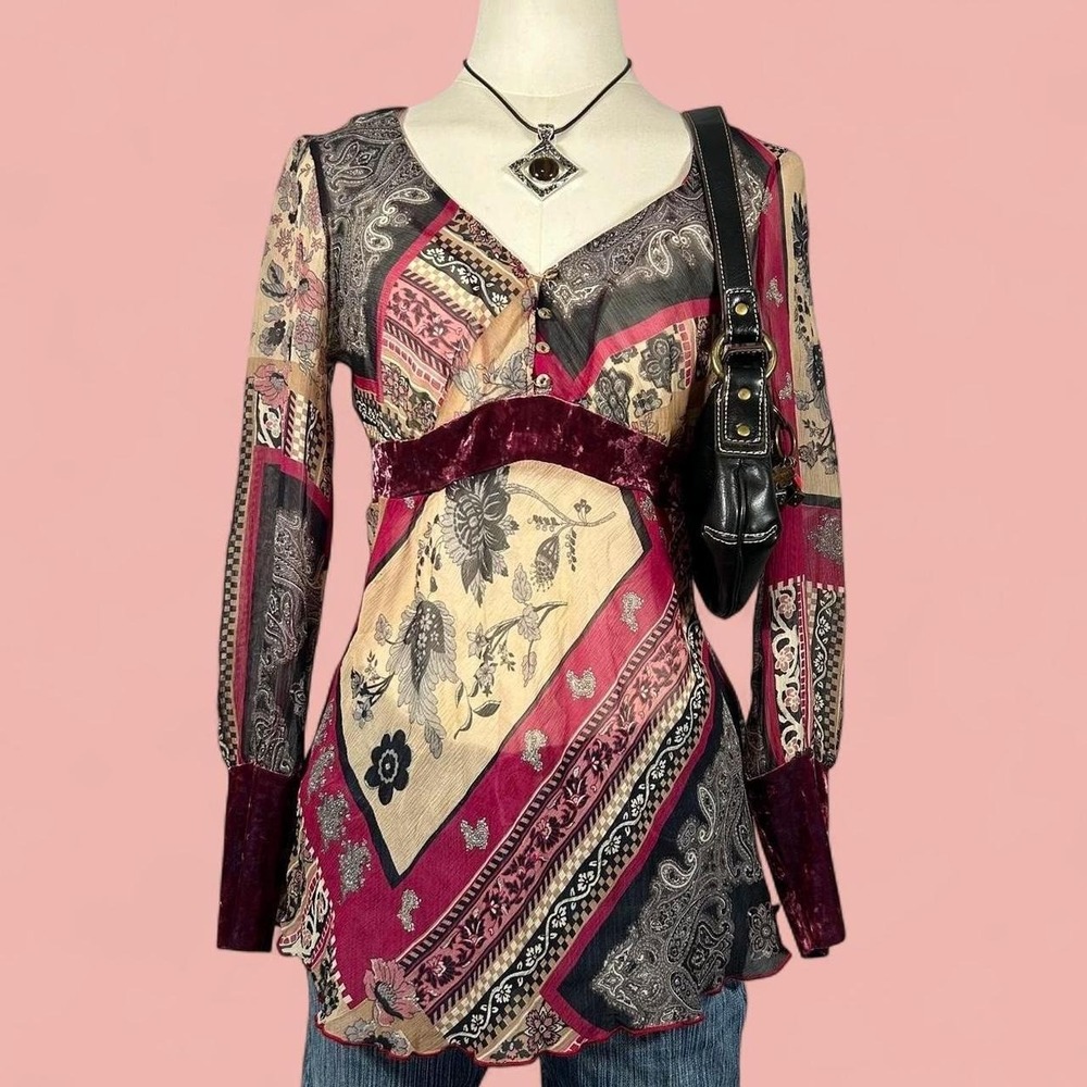 Y2K Sheer Fairy Boho Henley Babydoll Top Paisley Velvet Trim Womens S